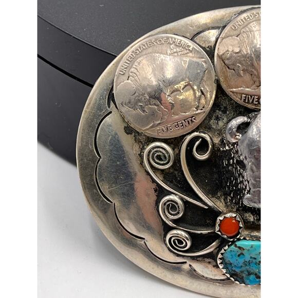 Squaw Wrap Vintage Native American Turquoise Coral Buffalo Nickel Belt Buckle - Picture 5 of 8